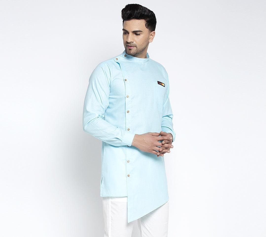 Men's Sky Blue Solid Short Kurta - Benstoke - Indiakreations