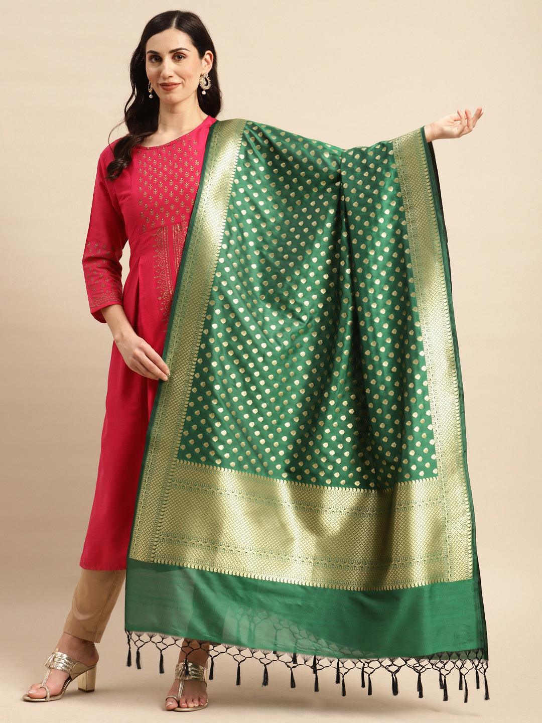 Women's Green Color Ethnic Motifs Woven Design Dupatta With Zari - Varanasi - Indiakreations