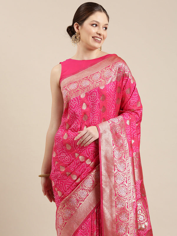 Women's Pink & Gold Satin Paisley Zari with Bandhni Banarasi Saree - Panchhi