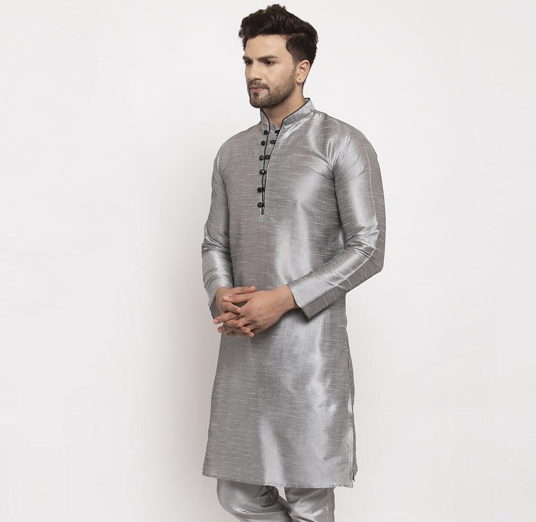 Men's Silk Blend Grey Straight Long Kurta - Benstoke - Indiakreations