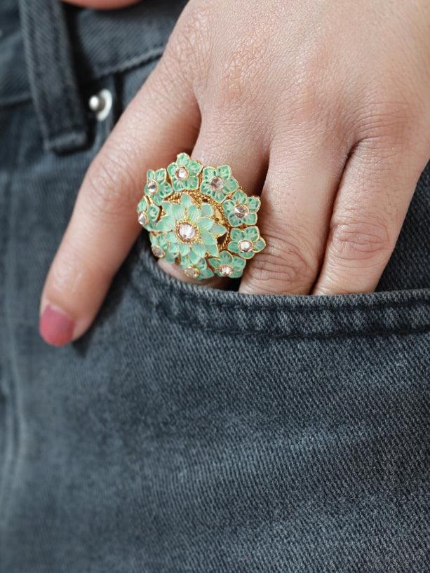 Women's Gold-Plated Turquoise Blue & White Ad-Studded Handcrafted Adjustable Finger Ring - Jazz And Sizzle - Indiakreations