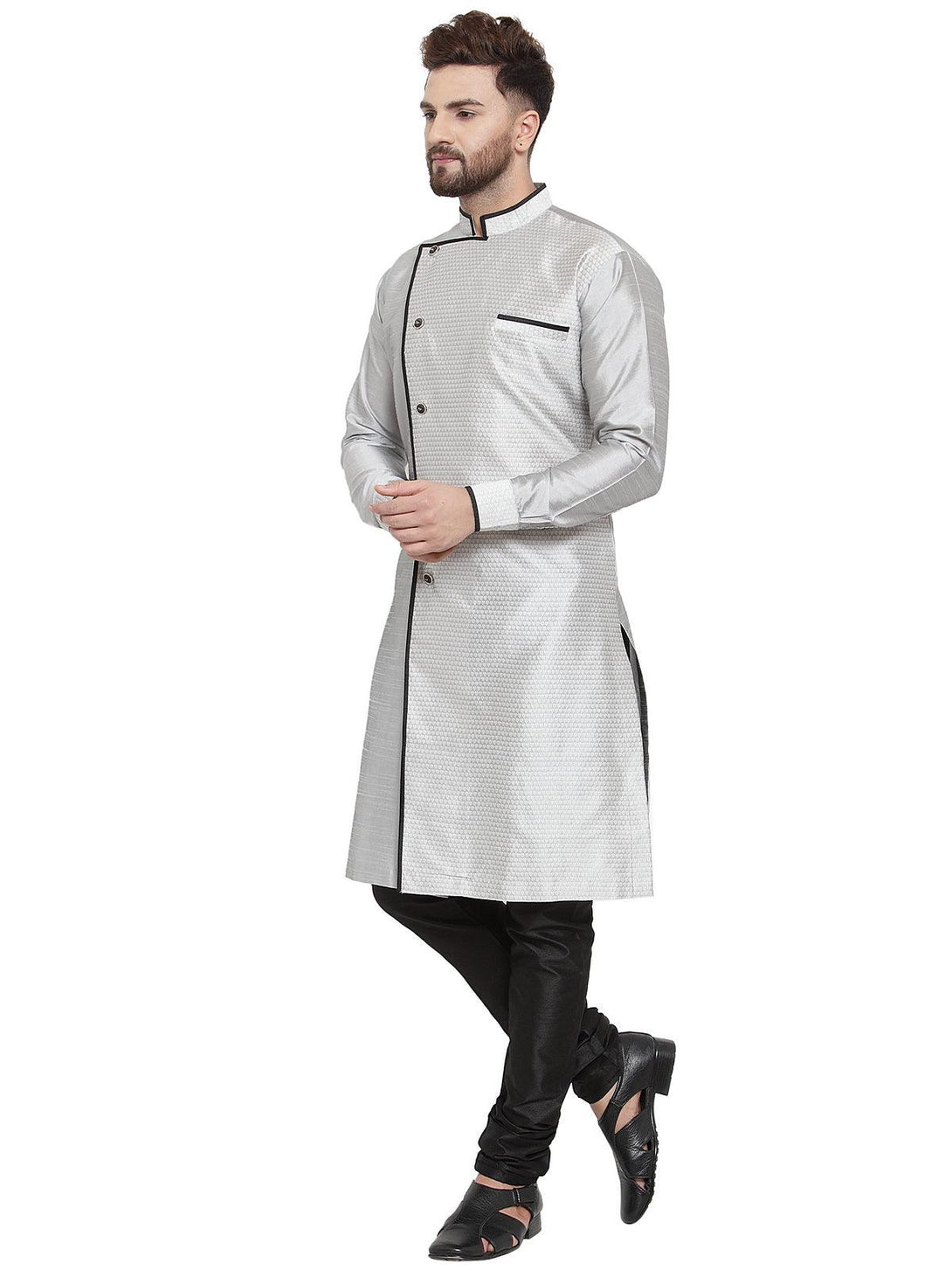 Men's Grey Self Design Kurta With Black Churidaar Pyjama - Benstoke - Indiakreations