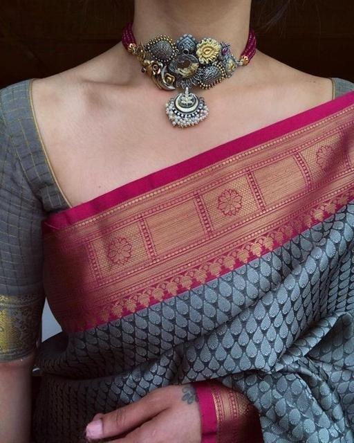 Women's Grey Color Silk Saree With Beautiful Zari Work - NAITRI COLLECTION - Indiakreations