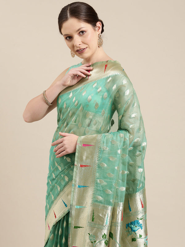 Women's Green & Golden Organza Paisley Zari Woven Banarasi Saree - Panchhi