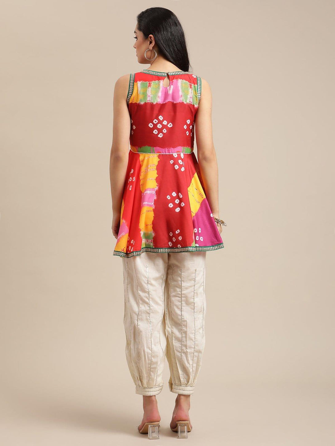 Red And Mustard Bandhej Printed Silk Flared Tunic With Gota Work Trouser - Indiakreations