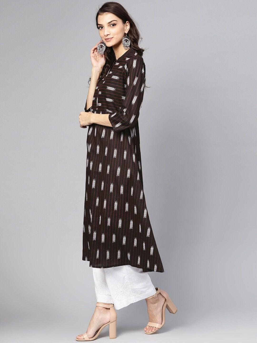 Women's Brown & Black Striped A-Line Kurta - Meeranshi - Indiakreations