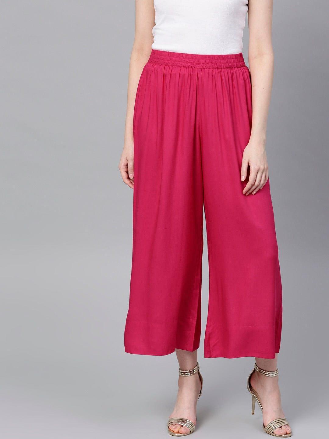 Fuchsia Solid Wide Leg Cropped Palazzos - Indiakreations