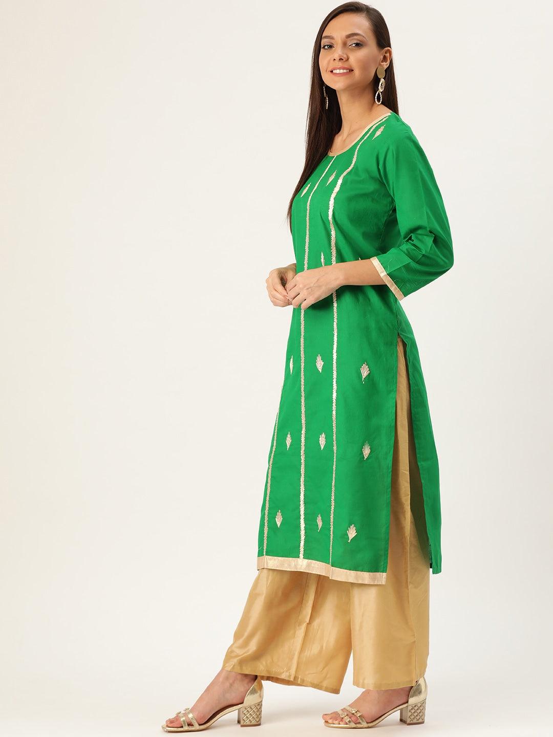 Women's Green & Golden Embroidered Straight Kurta - Noz2Toz - Indiakreations