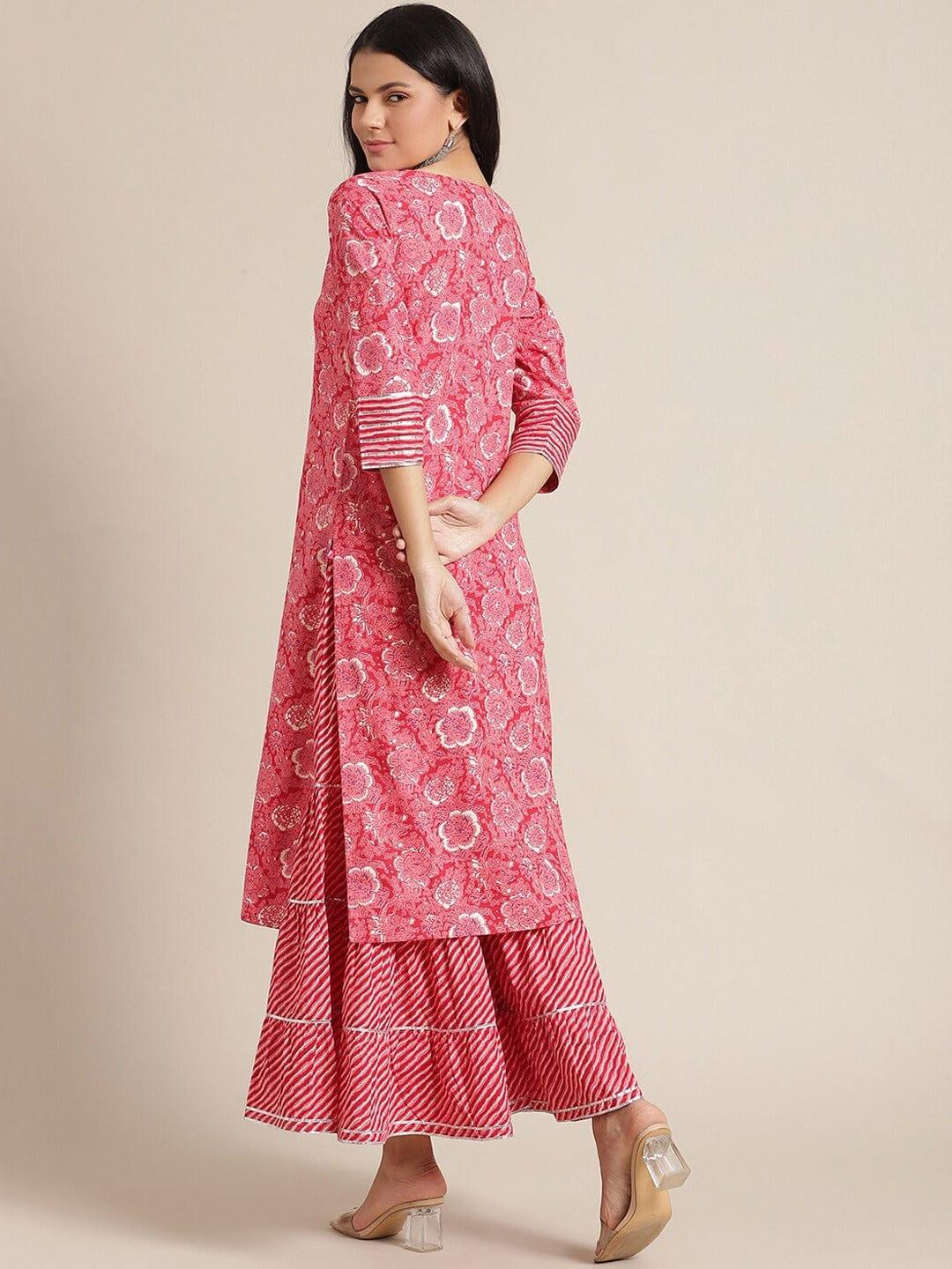 Pink Ethnic Motifs Printed Panelled Kurta With Skirt - Indiakreations