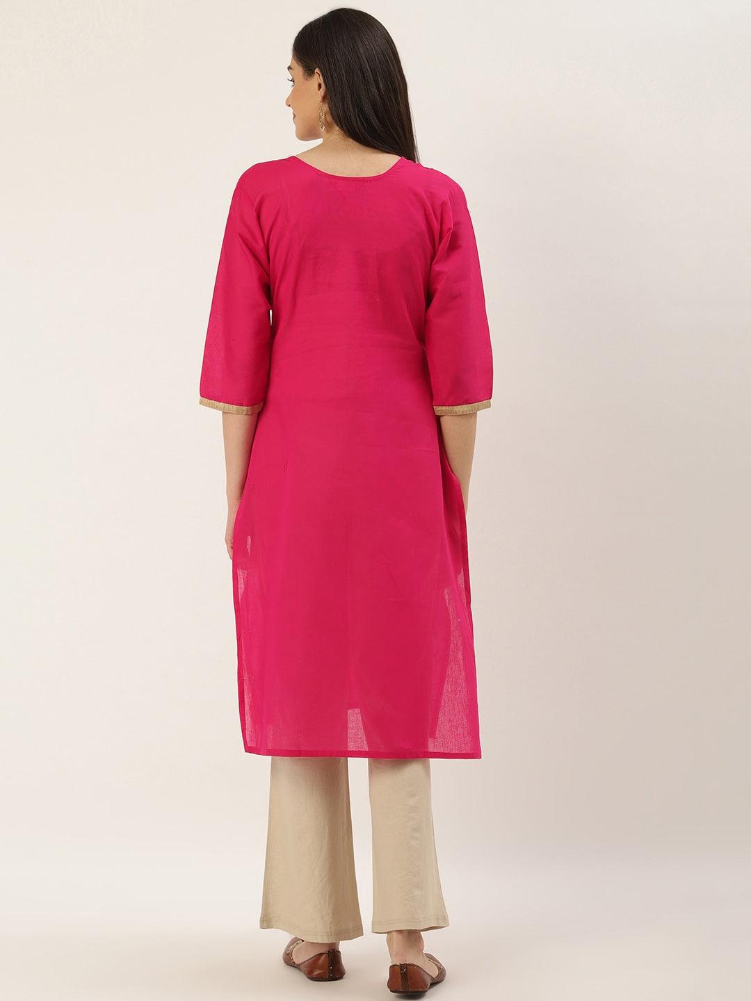 Women's Pink Yoke Design Straight Kurta - Noz2Toz - Indiakreations