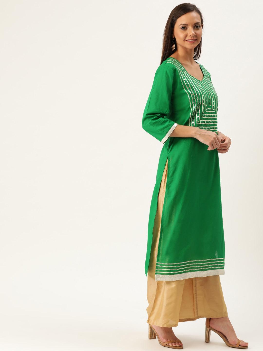 Women's Green & Golden Yoke Design Straight Kurta - Noz2Toz - Indiakreations