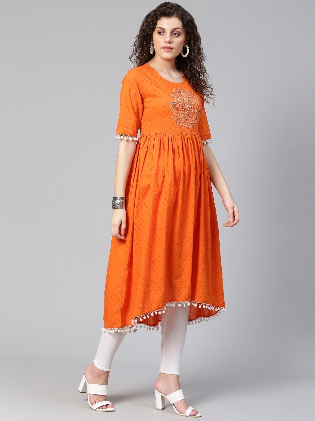 Women's Orange Pom-Pom Detail Woven Design High-Low A-Line Kurta - Meeranshi - Indiakreations