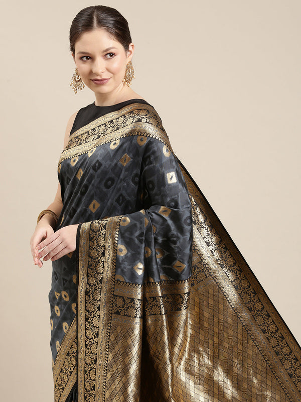 Women's Charcoal & Golden Satin Paisley Zari Woven Banarasi Saree - Panchhi