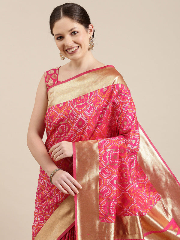 Women's Pink & Gold Satin Paisley Zari with Bandhni Banarasi Saree - Panchhi