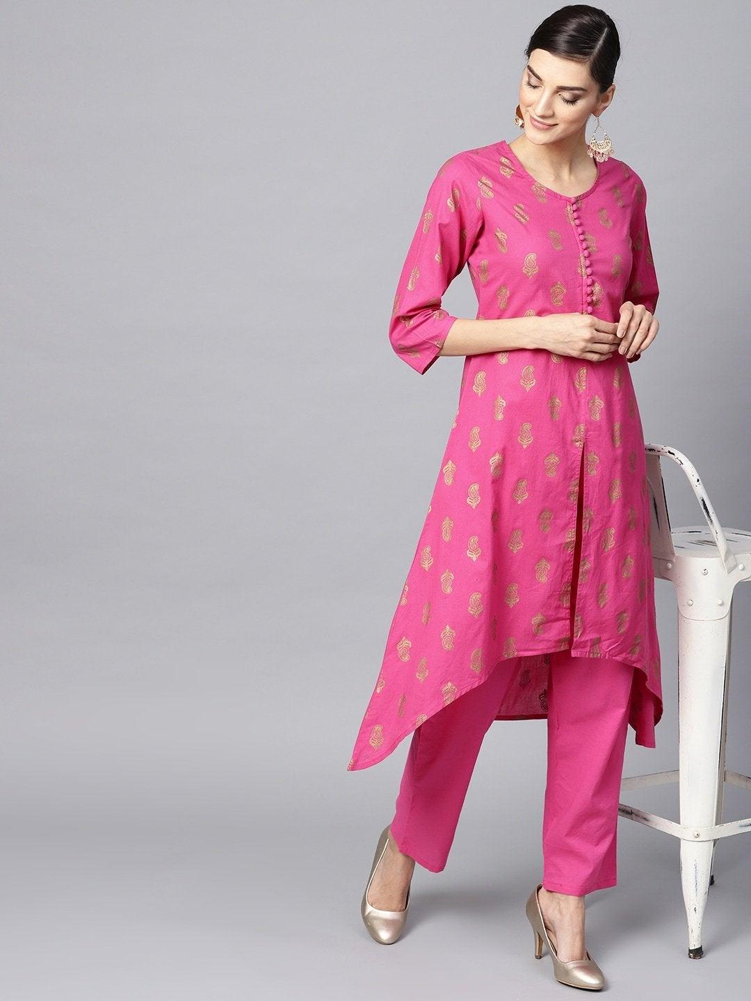 Women's Pink & Golden Printed Kurta with Trousers - Meeranshi - Indiakreations