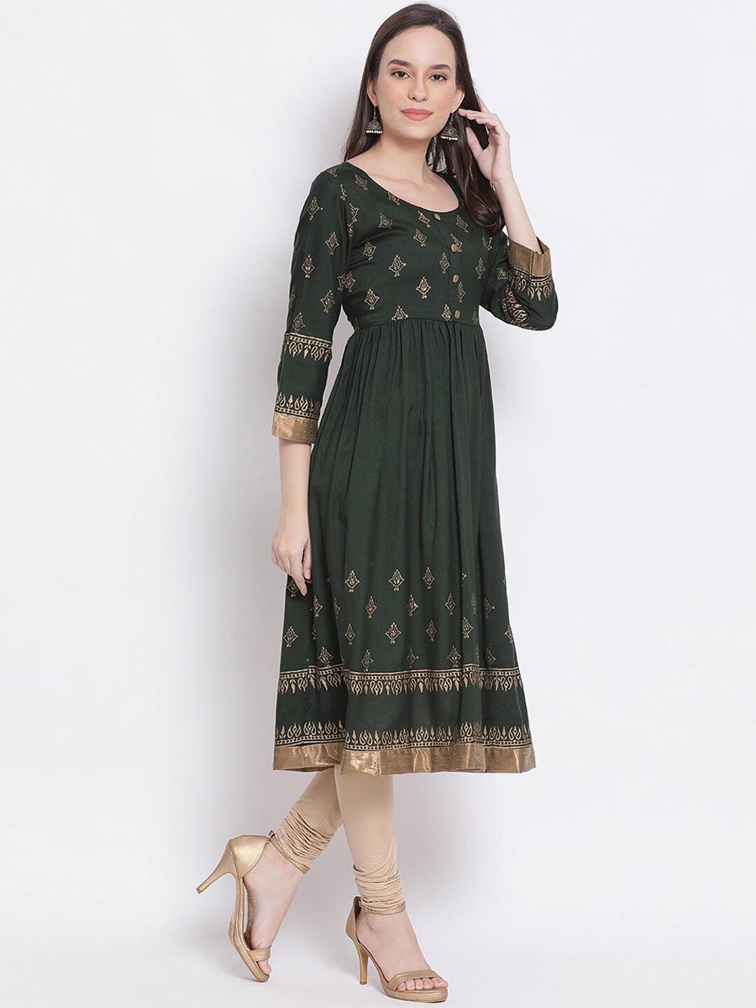 Women's Green & Dark Charcoal Ethnic Motifs Printed Anarkali Kurta - Noz2Toz - Indiakreations