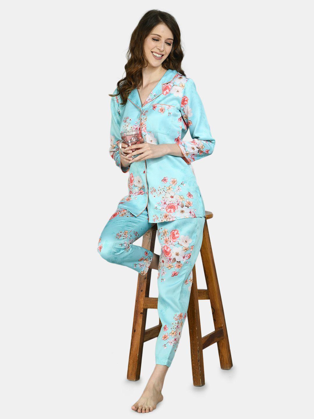 Women Sky Blue Printed Night Suit by Myshka (2 Pc Set) - Indiakreations