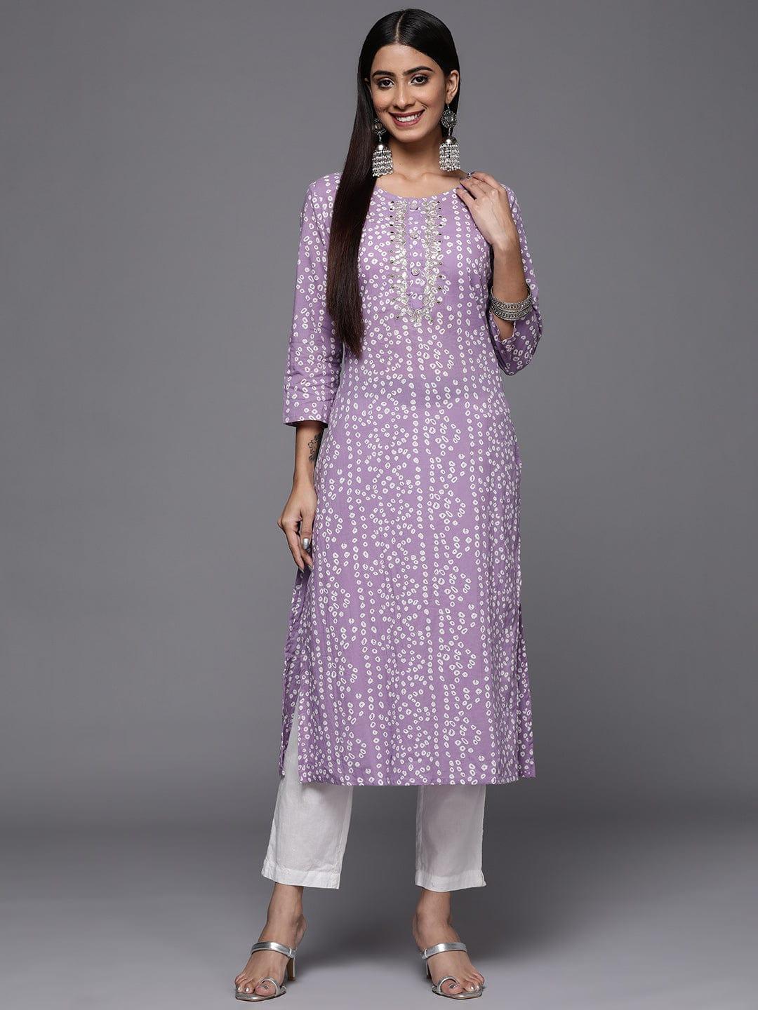 Varanga Women Lavender & White Bandhani Printed Gotta Patti Cotton Straight Kurta - Indiakreations