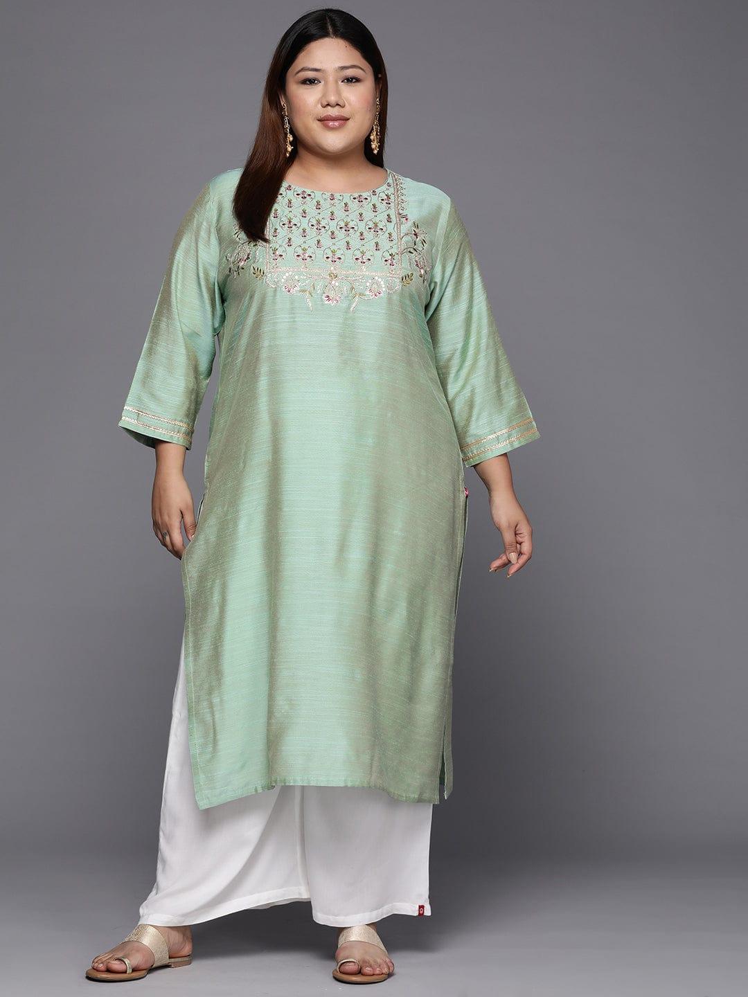 Varanga Women Plus Size Sea Green Floral Embroidered Thread Work Kurta - Indiakreations