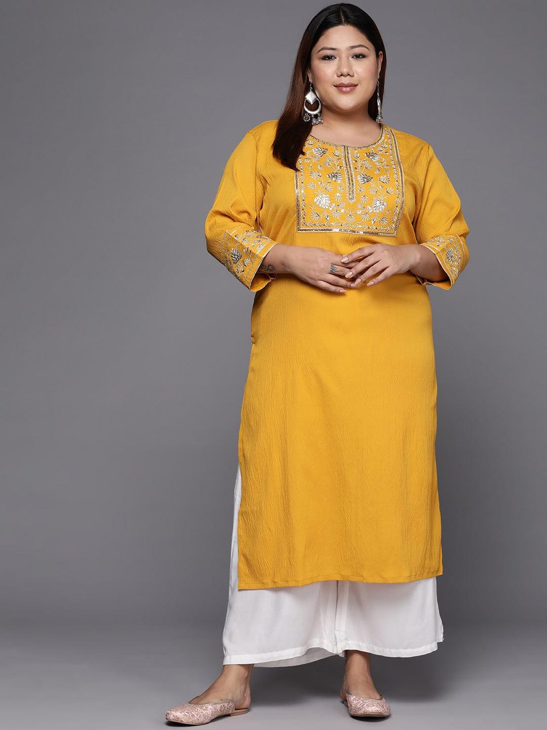 Varanga Women Plus Size Yellow & Gold-Toned Floral Embroidered Crepe Kurta - Indiakreations