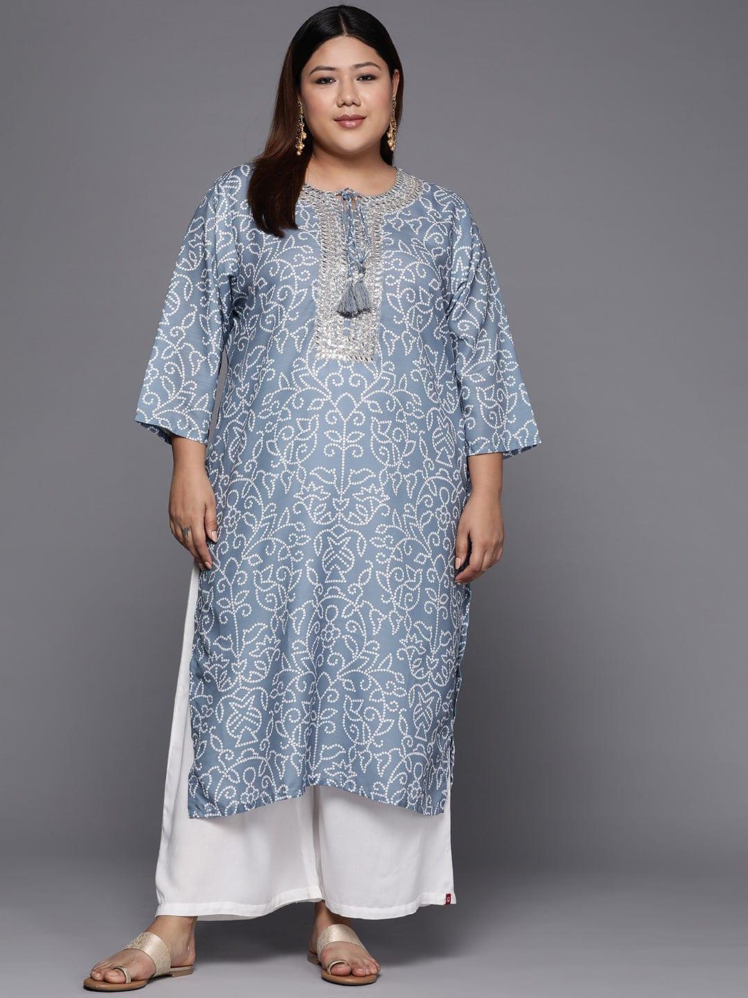 Varanga Women Plus Size Grey & Silver-Toned Bandhani Tie-Up Neck Embroidered Mirror Work Kurta - Indiakreations