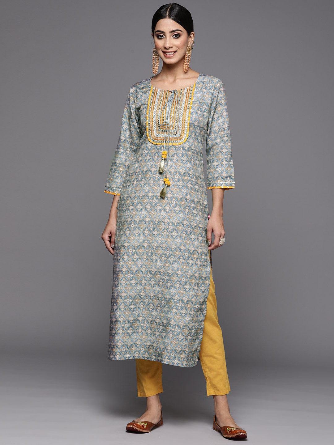 Varanga Women Grey & Mustard Yellow Ethnic Motifs Printed Thread Work Kurta - Indiakreations