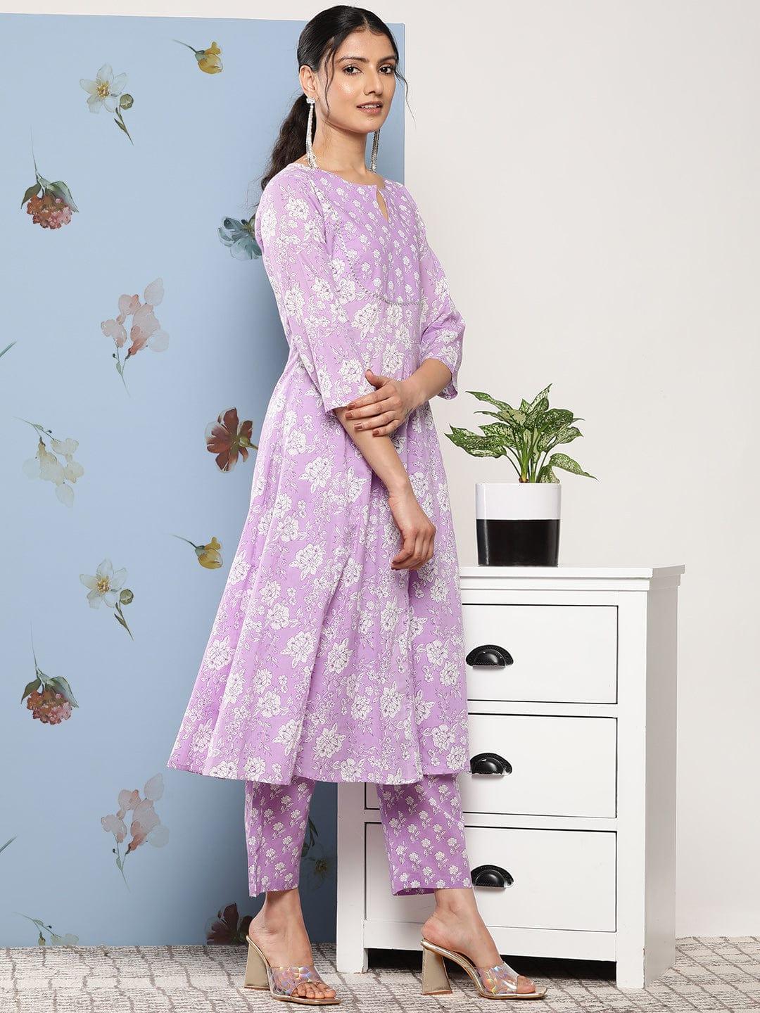 Varanga Women Purple Floral Printed Empire Gotta Patti Pure Cotton Kurta with Trousers - Indiakreations