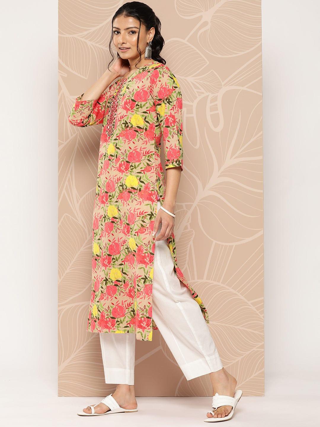 Varanga Women Beige & Pink Floral Printed Floral Kurta - Indiakreations