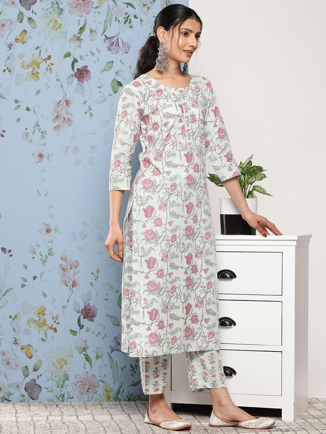 Varanga Women Blue Floral Printed Gotta Patti Pure Cotton Kurta with Trousers & With Dupatta - Indiakreations