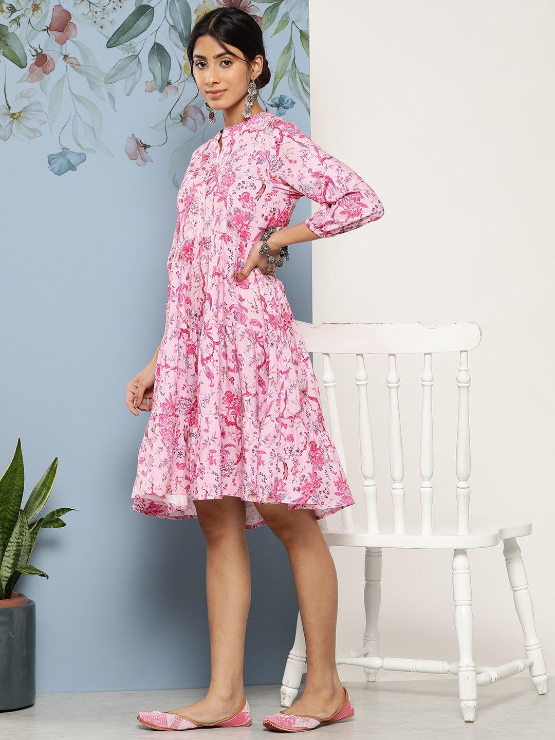 Varanga Pink & Blue Floral A-Line Dress - Indiakreations