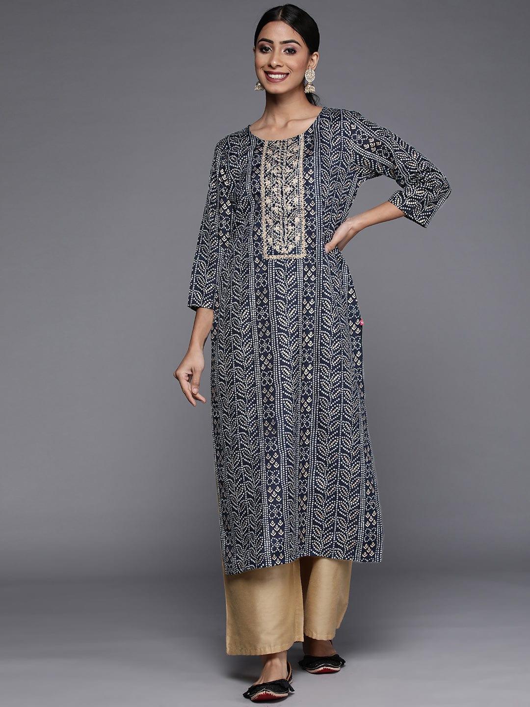 Varanga Women Navy Blue Bandhani Print Mirror Work Kurta - Indiakreations