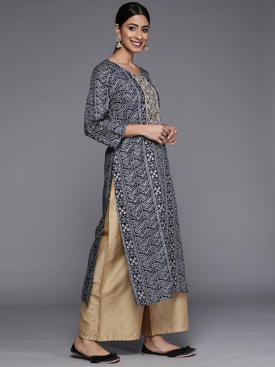 Varanga Women Navy Blue Bandhani Print Mirror Work Kurta - Indiakreations