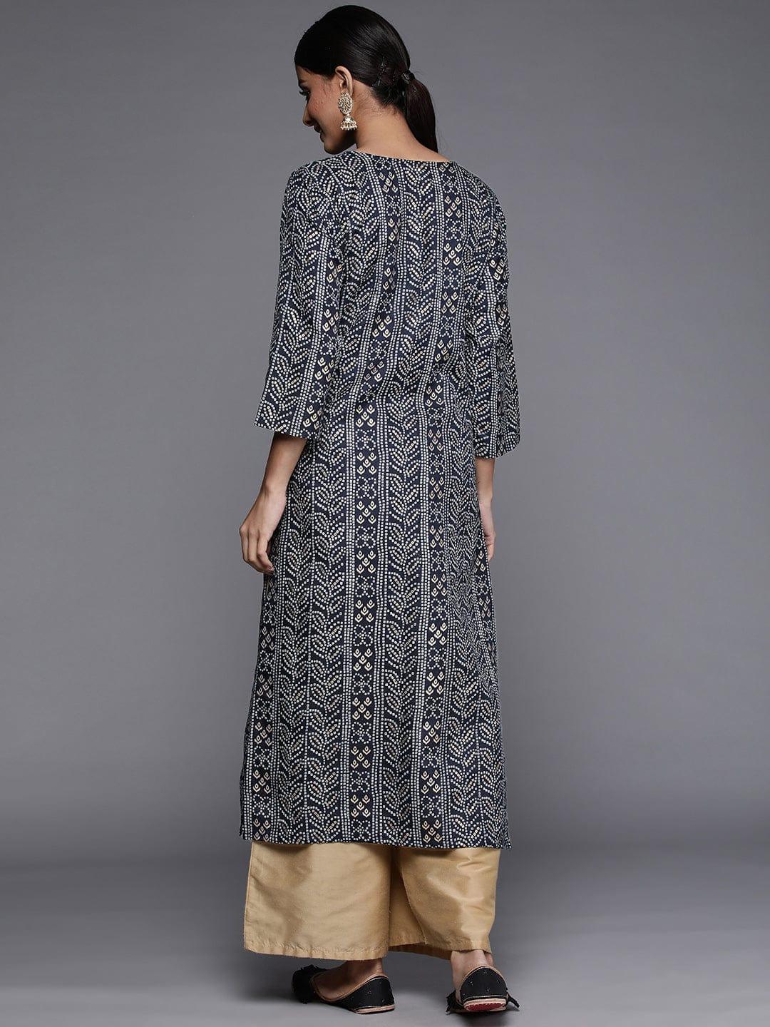 Varanga Women Navy Blue Bandhani Print Mirror Work Kurta - Indiakreations