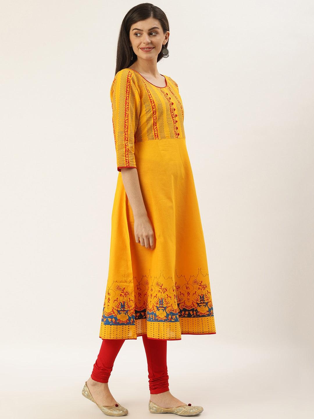 Women's Yellow & Navy Blue Hand Block Printed A-Line Kurta - Wahe-Noor - Indiakreations