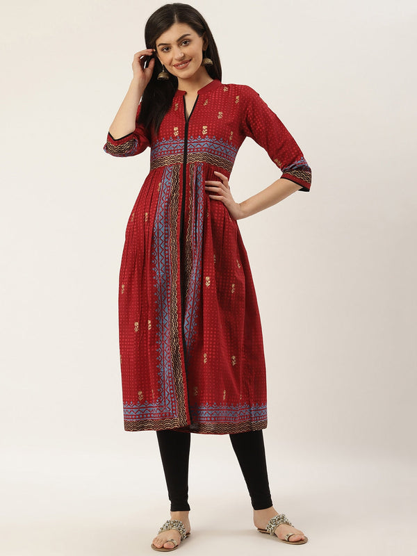 Women's Maroon & Golden Block Printed High Slit A-Line Kurta - Noz2Toz