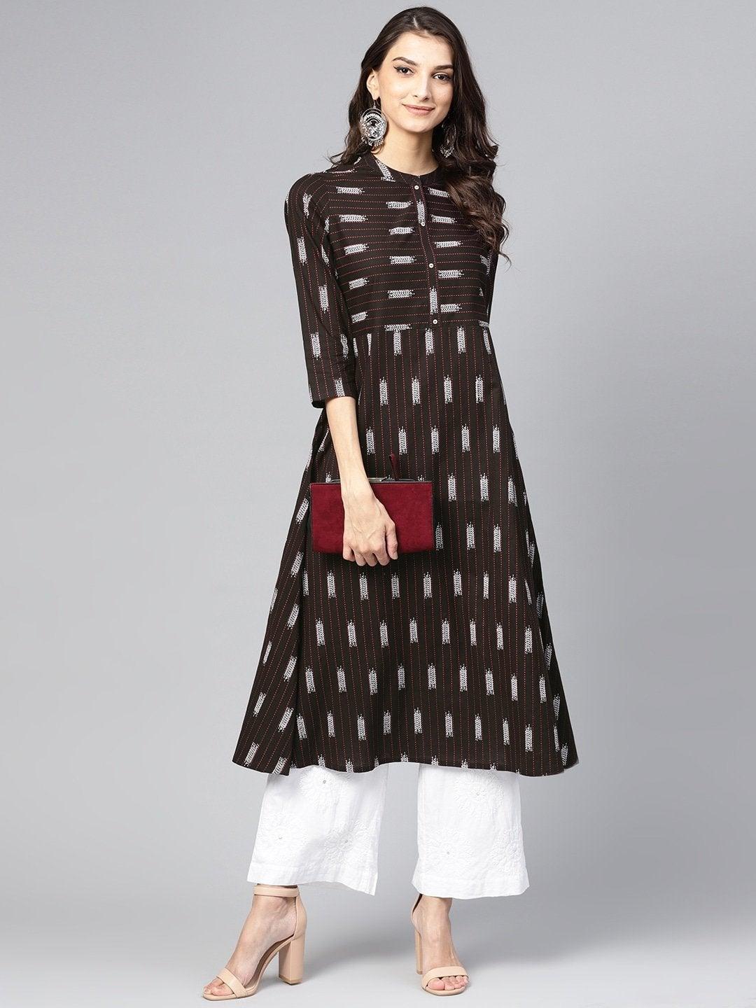 Women's Brown & Black Striped A-Line Kurta - Meeranshi - Indiakreations