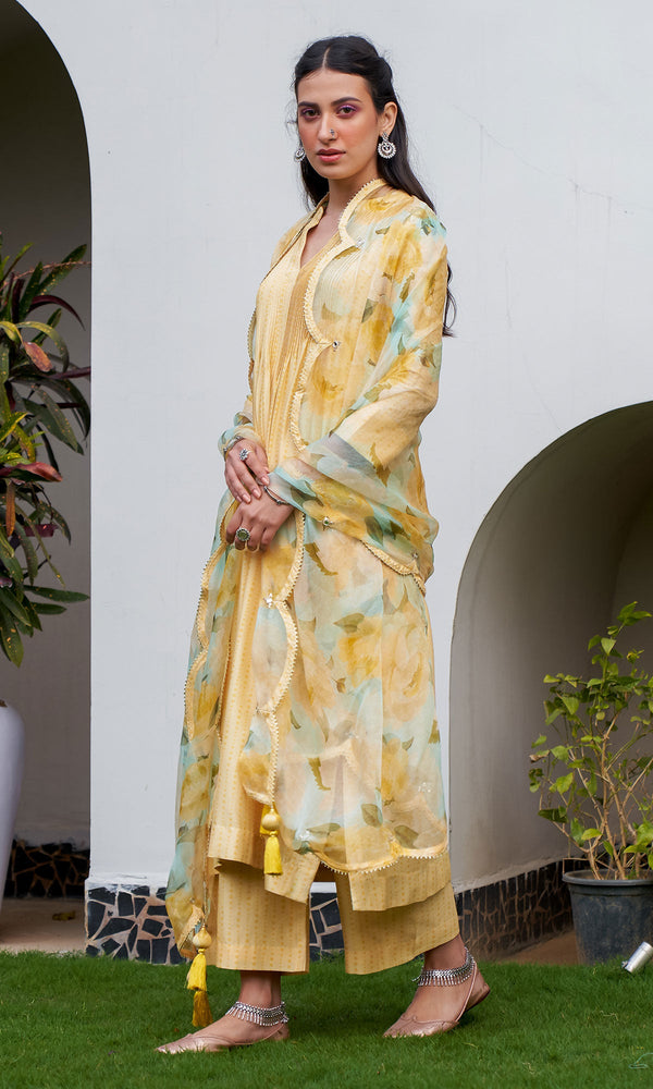 AZRA YELLOW  PINTUCK KURTA WITH PALAZZO AND DUPATTA - SET OF 3