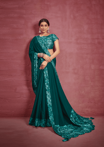 Stylish Crepe Georgette Sequence Border Saree In Teal - Indiakreations