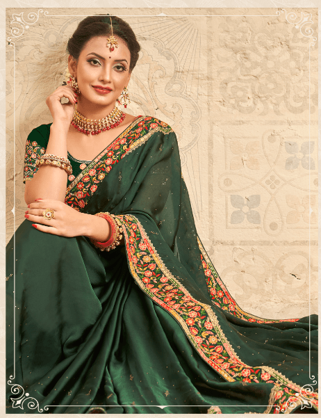 Gorgeous Green Floral Embroidered Satin Silk Saree With Blouse Piece - Indiakreations