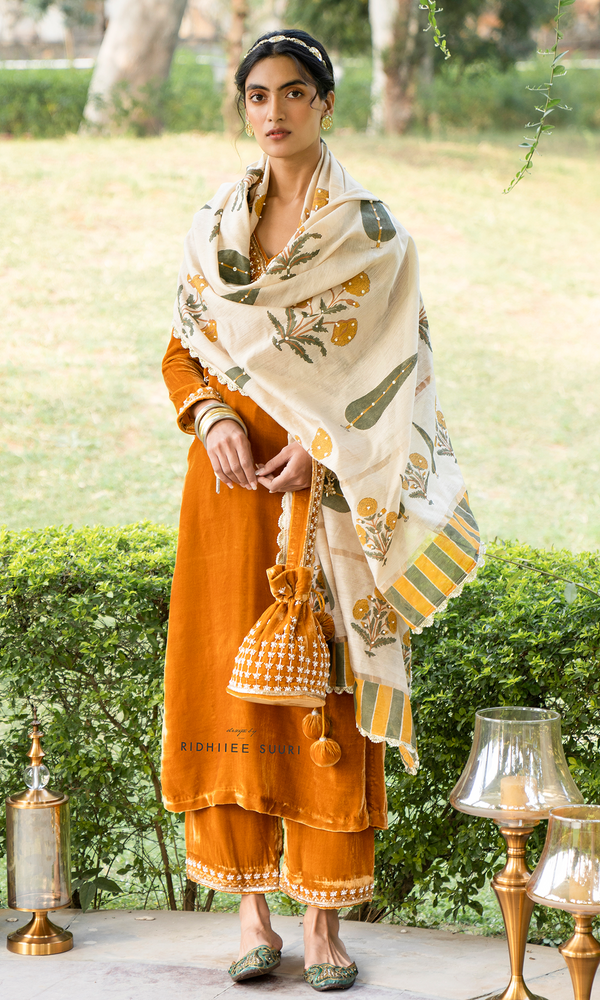 Bareen Mughals Block Print Dupatta With Hand Embroidery - Mustard Yellow