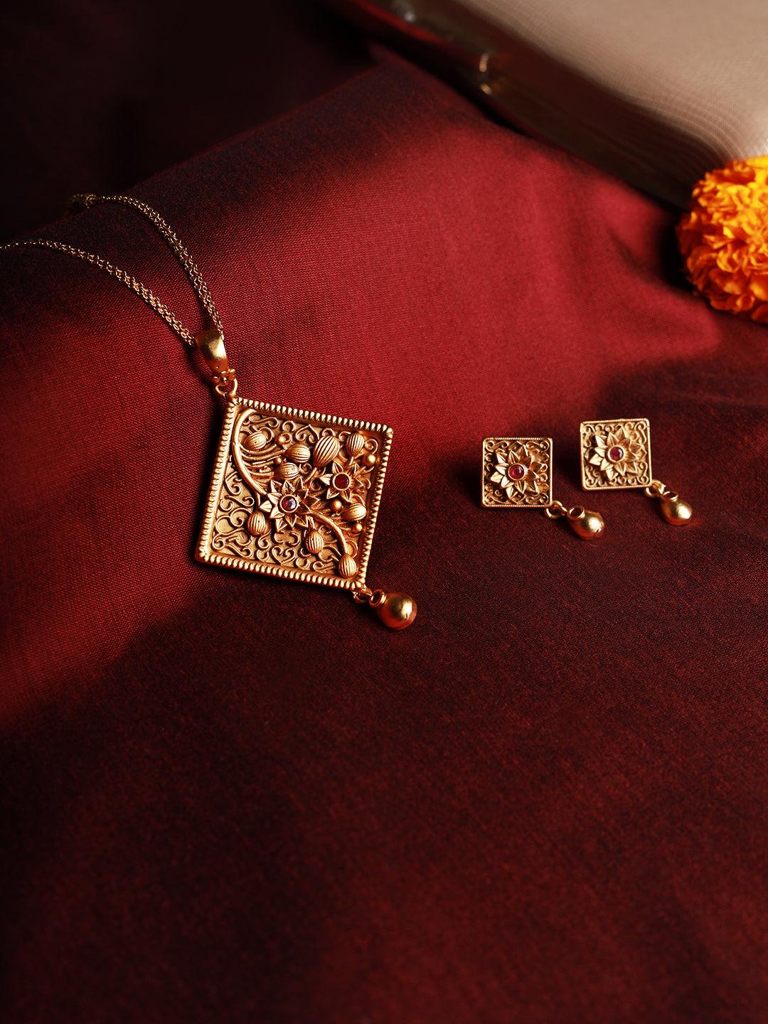 Women's Gold-Plated Maroon Studded Handcrafted Jewellery Set - Jazz and Sizzle - Indiakreations