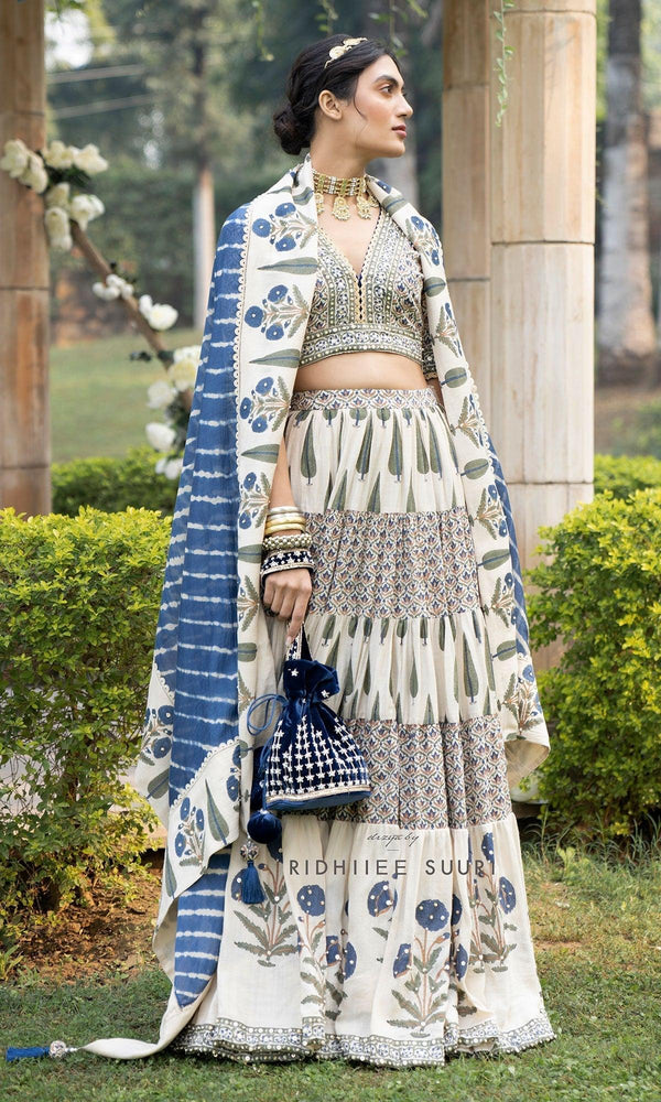 Bareen Mughals Royal Blue Block Printed Lehenga Set - Set Of 3 RTS - Indiakreations