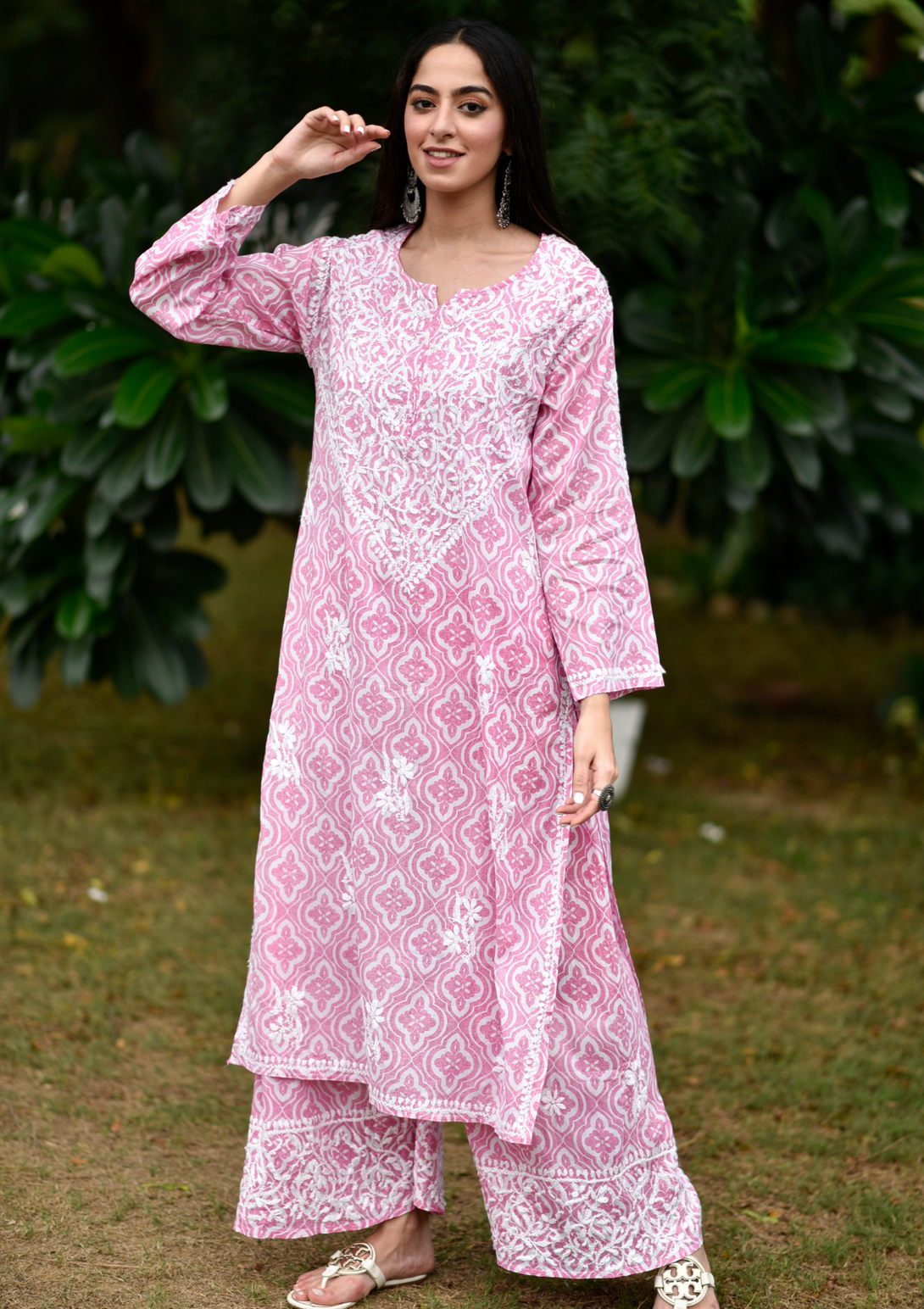 Adara Mulmul Straight Kurta Palazzo Set in Pink Colour