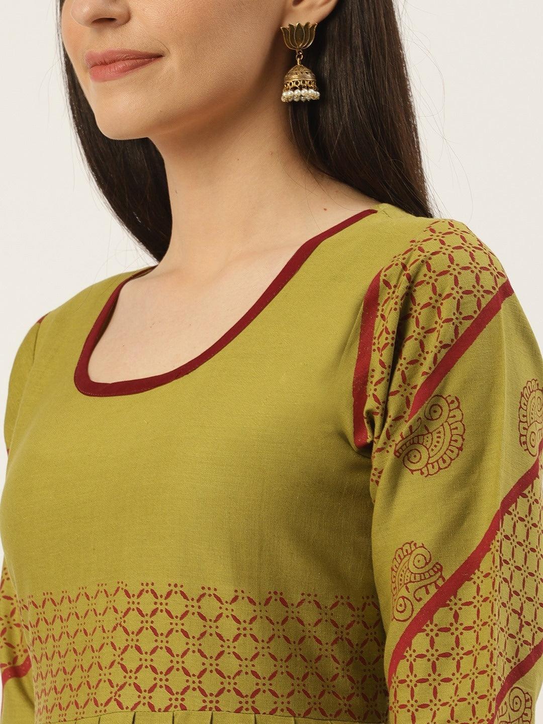 Women's Lime Green & Red Solid Pleated A-Line Kurta - NOZ2TOZ - Indiakreations