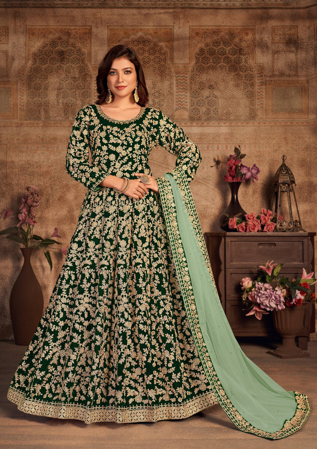 Green Party Wear Semi-Stitched Anarkali - Indiakreations