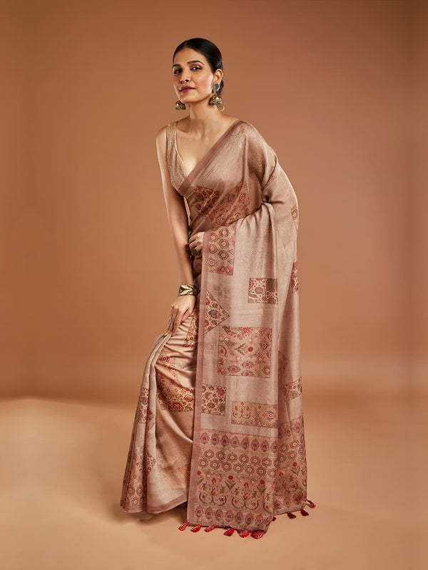 Alluring Brown Pashmina Saree With Tassels