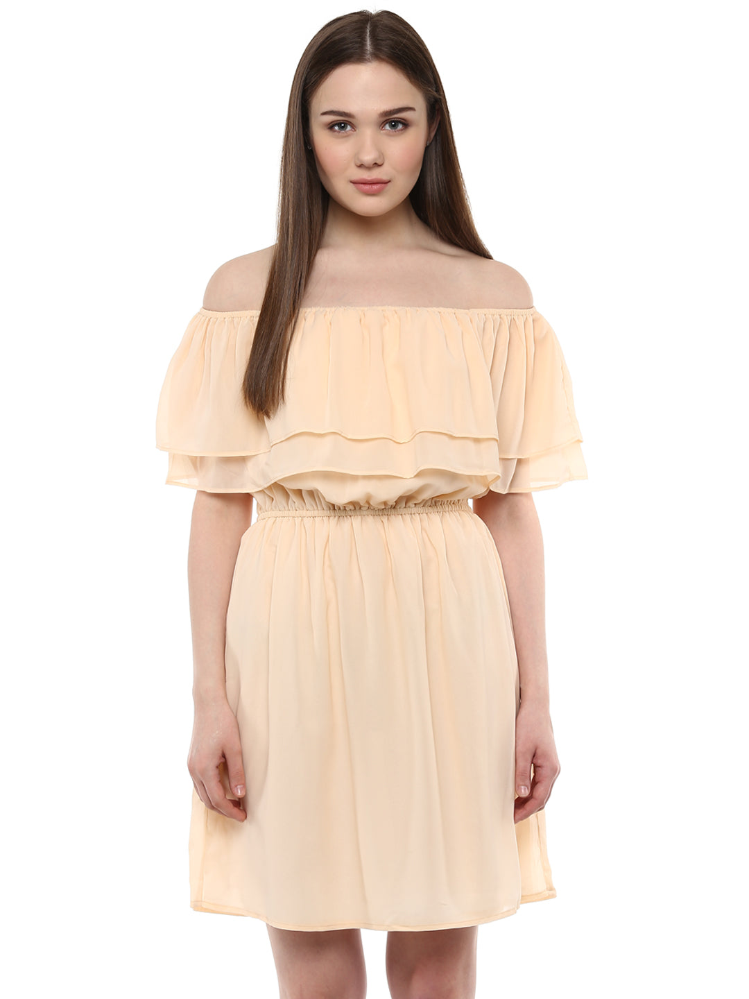 Women's Beige Georgette Off Shoulder Dress - Stylestone