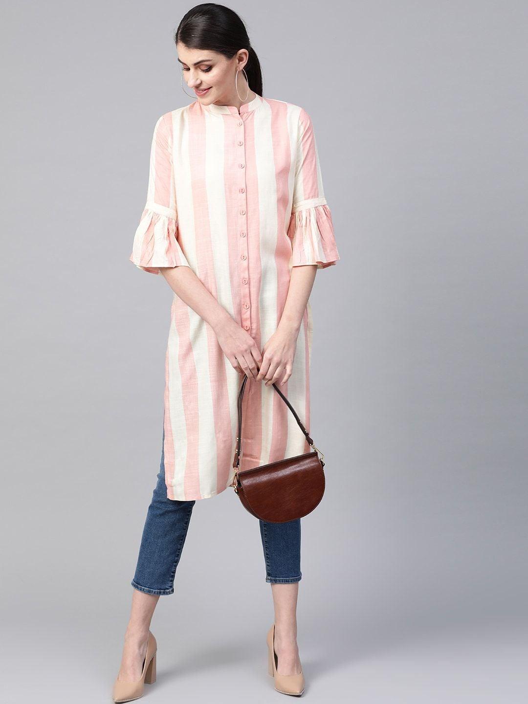 Women's Cream-Coloured & Pink Striped Straight Kurta - Meeranshi - Indiakreations