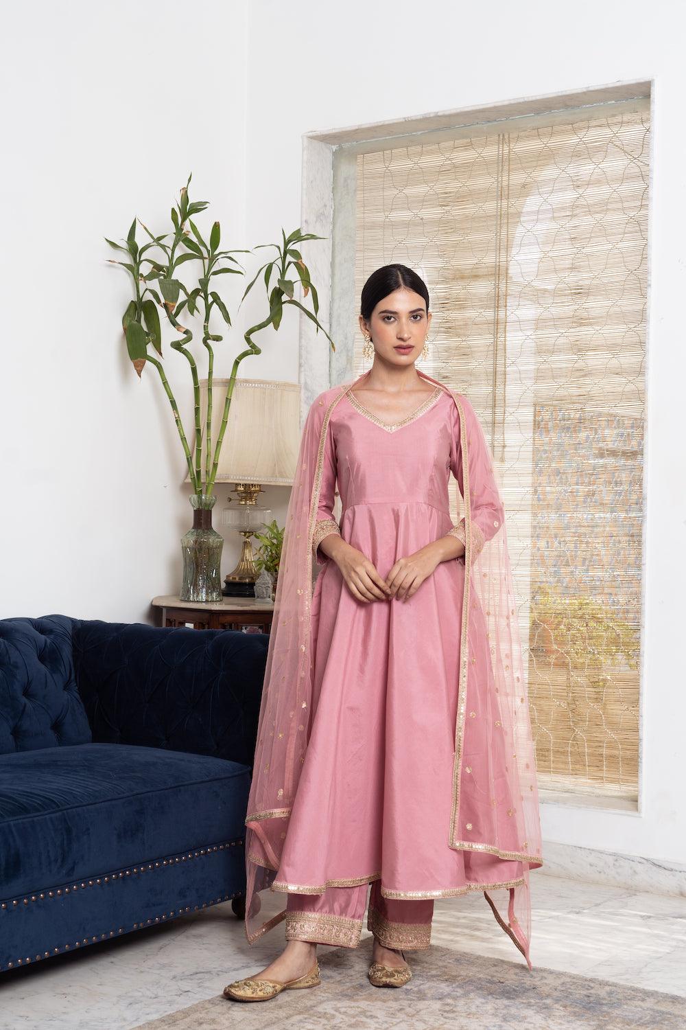 Khwabidah Baby Pink Anarkali Set of 3 - Indiakreations