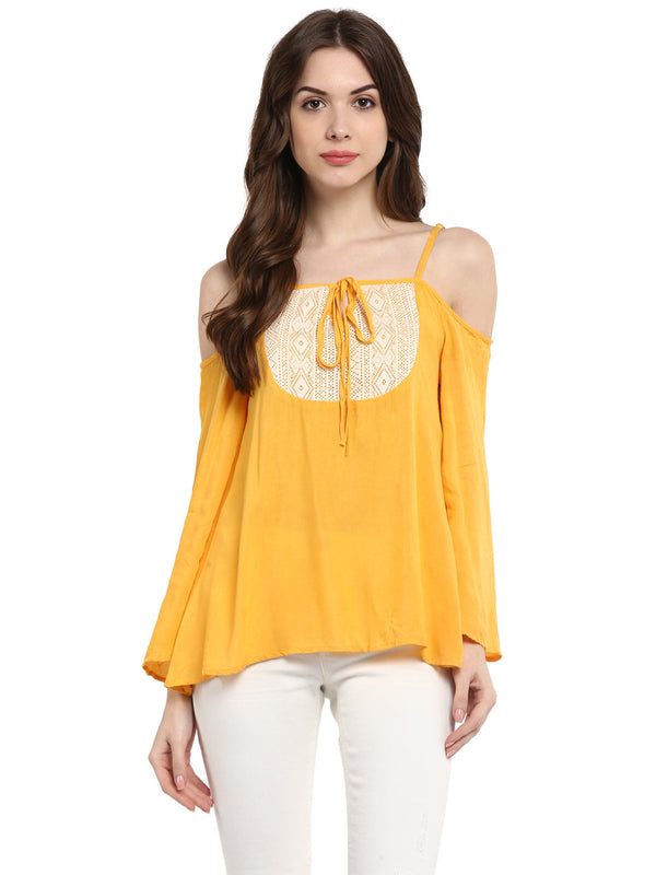 Women's  Mustard Yellow Rayon Cold Shoulder Top - StyleStone